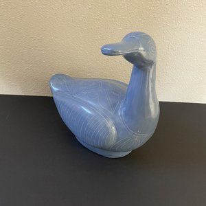 SIGNED V SILVA MEXICO LARGE CLAY POTTERY DUCK SGRAFFITO FOLK ART 12 X 10 X 7”